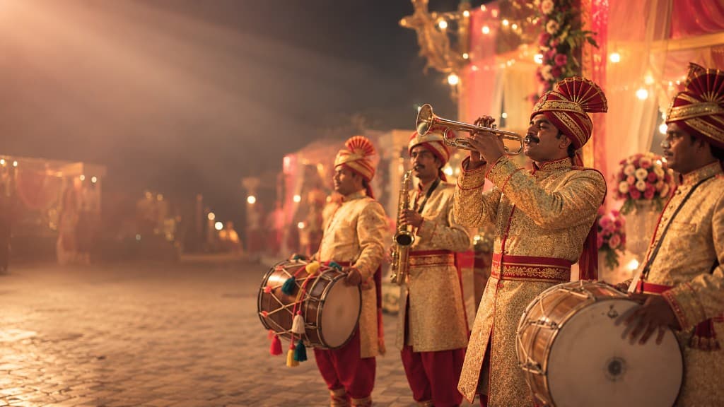 Indian wedding band with brass and dhol performing at a night celebration